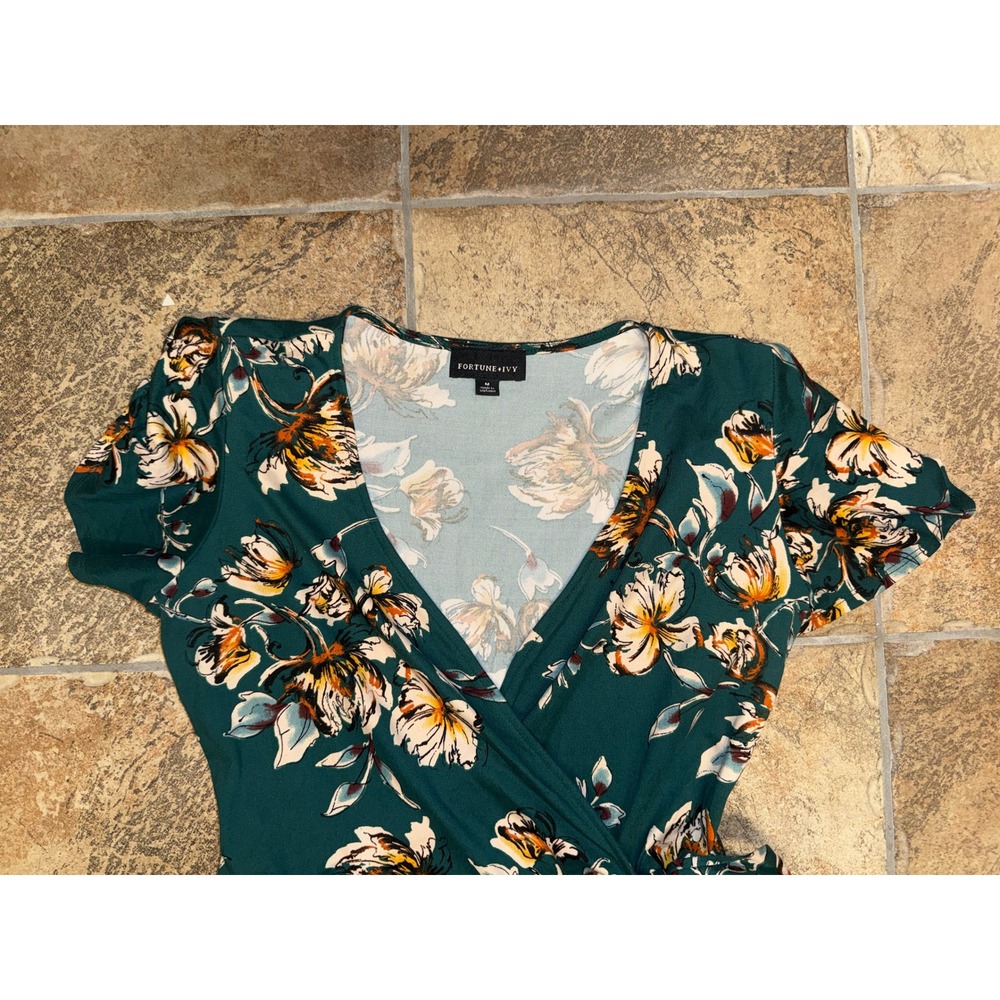 Fortune Ivy Green Floral High Low Wrap Dress Short Sleeve V-Neck Medium - Picture 2 of 2